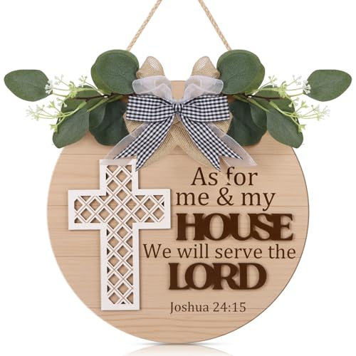 TOARTi Christian Cross Front Door Sign Wreath (11.4x11.4) Bible Verse Joshua 24:15 We Will Serve The Lord Wall Sign Hanging Religious Home Wooden Door Decoration for Housewarming