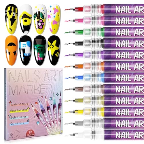 JEWHITENY 12 colors 0.5mm Nail Art Pen Kit: Quick drying Nail Polish Pens, Drawing Painting Point Liner Acrylic Painted Pen Kit for DIY Nail Design, Home & Salon Manicure Tools