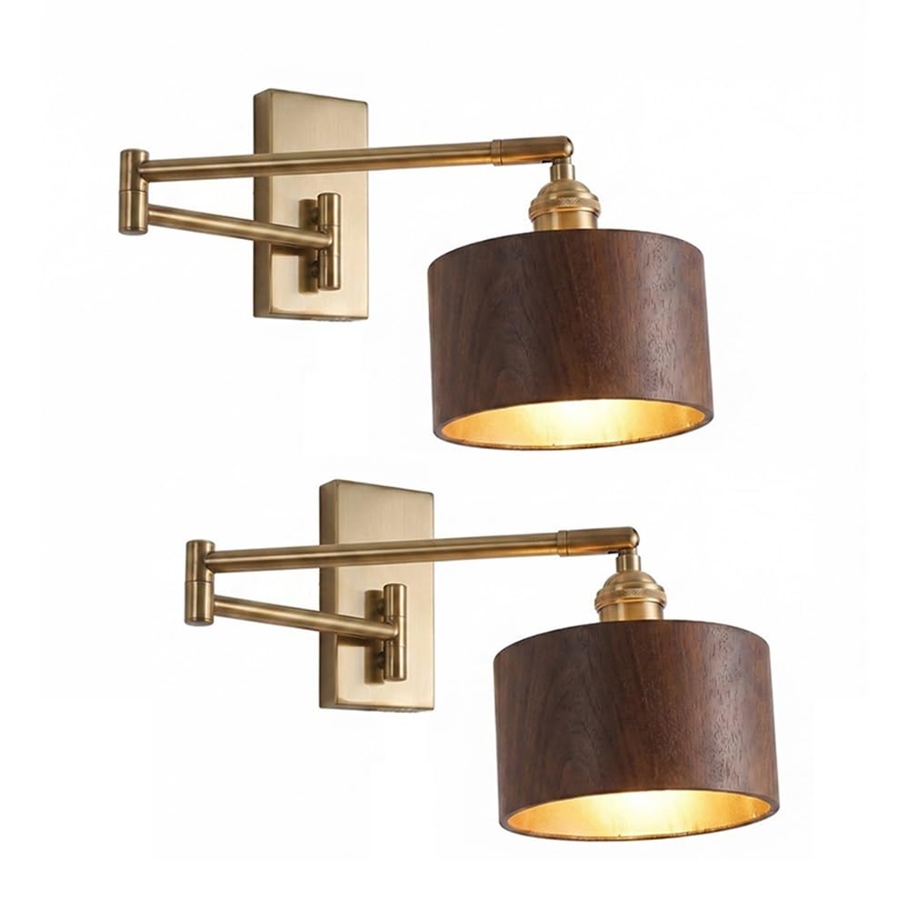 ITOSUI Swing Arm Wall Sconce with Solid Wood Shade Gold Metal Base Adjustable Reading Wall Lamp Hardwire Connection Bedside Lamp for Bedside Bedroom Study Living Room Hallway E26 Base(Walnut,2-Pack)
