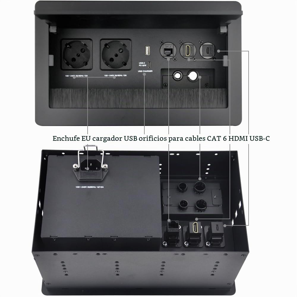 Tomacorriente de mesa, regleta de enchufes con receptáculos encastrados de aluminio 2 x Schuko 1 x cargador USB-A+C (PD 65W) 1 x CAT6 1 x HDMI 1 x USB-C 1 x cable de alimentación de 1.7m 4 x agujeros