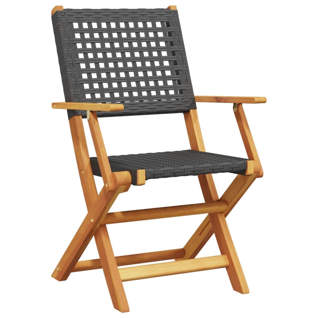 Gartenstühle 2er Set Schwarz, Massivholz Akazie & Poly Rattan, Klappbar, 54x57x91 cm, für Garten, Terrasse, Balkon, Hohe Tragfähigkeit