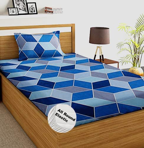 DECOMIZER Cotton Feel All Around Elastic Fitted Glace Printed Single Bed Bedsheet with 1 Large Pillow Cover Fits Upto Mattress of 6 Inches,Size - 42 x 72 x 8 Inches, Design - Blue Rectangle