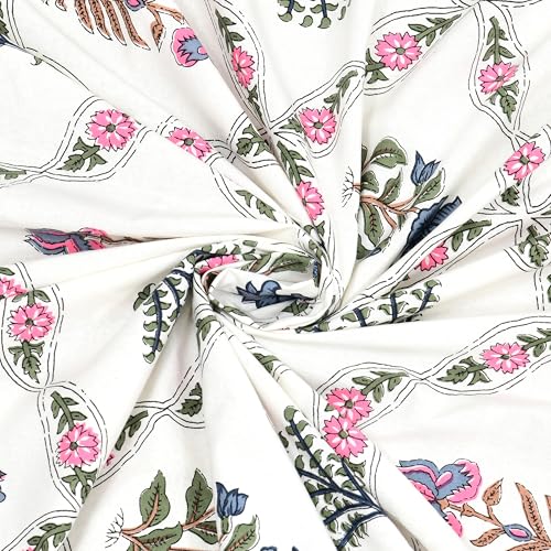 Image of DE CAMA 100% Cotton King Size Bedsheet, Blue & Pink | 300 TC Premium, 90 x 108 Inch, 2 Pillow Covers Set 17 x 27 Inch, Hand Block Printed, Since 1997
