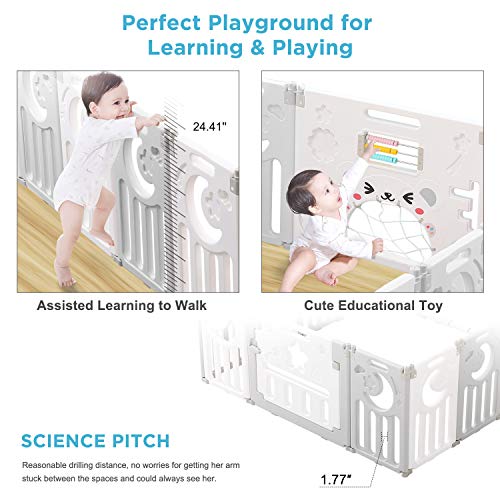 Baby Playpen, Dripex Baby Playard for Babies and Toddlers, 10-Panel Foldable Playpen Adjustable Portable Play Area, Indoor/Outdoor Kids Active Center with Game Panel & Safety Gate, Grey White
