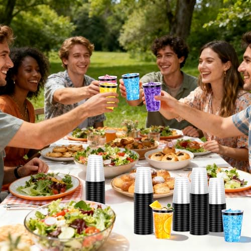 Image of 120 Pcs Black Plastic Cups,12oz Black Rimmed Plastic Cups,Heavy Duty Disposable Plastiic Wine Glasses Cocktail Glasses Premium Cup with Black Rim for Party,Wedding,Christmas