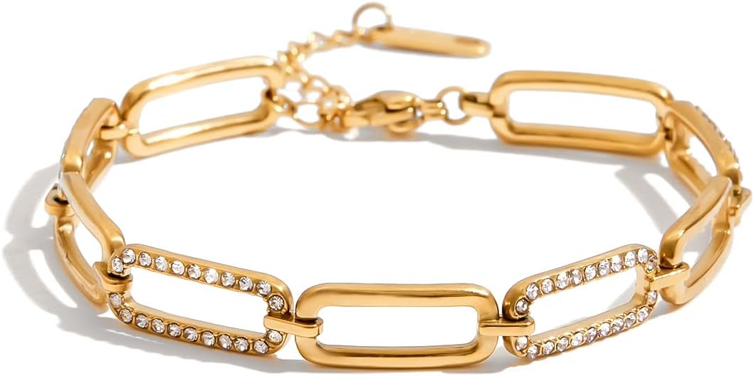 Dainty Gold Bracelets for Women - Gold Heart Charm/Paperclip CZ Link Bracelet, Simple Chain Jewelry | Minimalist Statement Jewelry Gifts