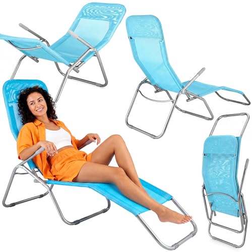 Outtec Liegestuhl Klappbar Sonnenliege Schwerkraft Gartenliege Strandliege Leicht Gartensessel Relaxliege Relaxsessel Garten Klappliege aus Polyester und Stahl Wetterfest bis 130 kg Blau
