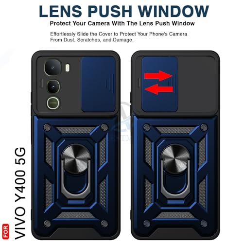 Image of AESTMO Tough Armor Vivo Y400 5G Bumper Back Case Cover | Ring Holder & Sliding Camera Shield Cover | 360 Degree Protection Back Case Cover for Vivo Y400 5G (Blue)