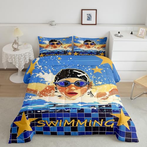 Castle Fairy Swimming Competition Comforter Set Toddler Size Modern Sports Theme Bedding Set Kids Boys Girls Swimmer Gift All Season Quilt Set Geometric Stars Print Bedding Comforter Sets,2Pcs