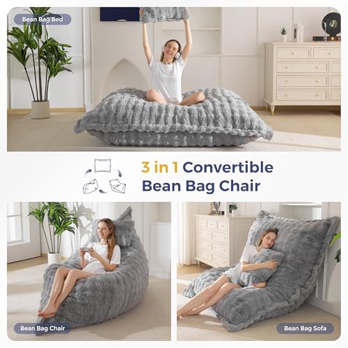 Image of MAXYOYO Giant Bean Bag Chair with Pillow, 3 in 1 Convertible Bean Bag Chair for Adults with Removable Cover, Floor Cushion Stuffed Floor Lounger for Living Room Bedroom, Bubble Grey