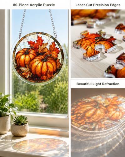 Image of Acrylic Jigsaw Puzzle Suncatcher Maple Leaf Pumpkin Adult Puzzles Gift 6.3 inch