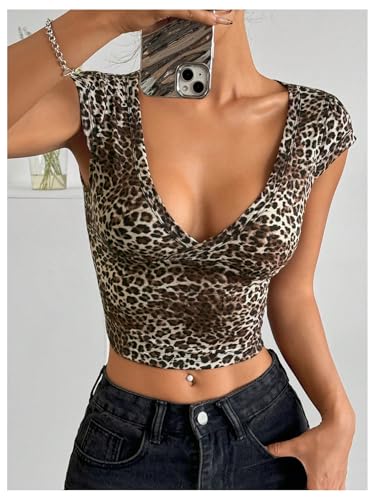 Floerns Women's Leopard Print Cap Sleeve T Shirts V Neck Y2k Crop Top Tee Shirts3