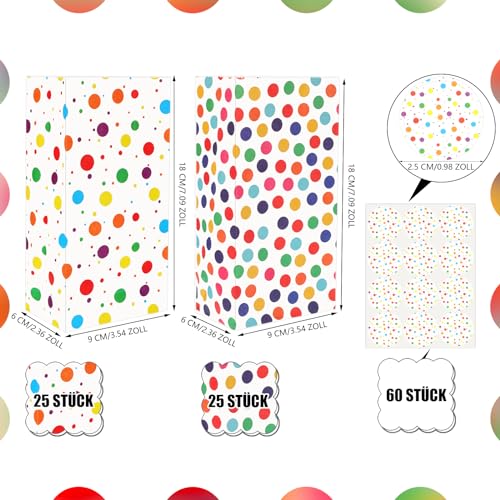 50 Stück Papiertüten Kindergeburtstag Klein, 18 x 9 x 5,5 cm Geschenktüten Klein mit 60 Aufkleber Regenbogen Punkte Mitgebsel Candy Tüten für Ostern Hochzeit Geburtstag Party