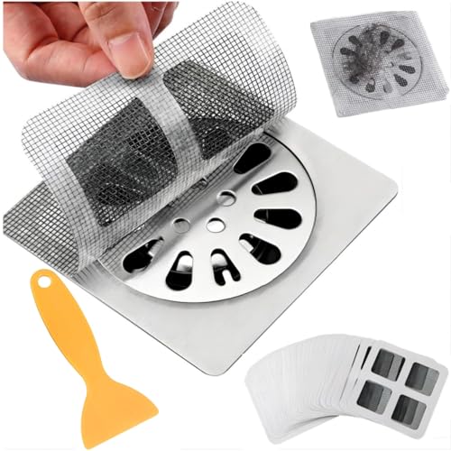 25 PCS Disposable Shower Drain Hair Catcher with Scrapper, 3.94 Inches Square Drain Hair Catcher Stickers for Bath & Kitchen, Hair Catcher Shower Drains Cover for Human, Pet Hair, Bathtub & Laundry