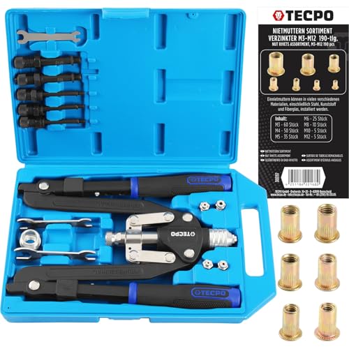 TECPO Set di 14 pinze per rivetti ciechi con dadi rivetti, 190 pezzi [M3-M12]