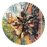Chihuahua Wall Clock Battery Operated Non Ticking Silent Quartz Analog Rustic Farmhouse Round Clock Retro Decor for Home Kitchen Living Room Bathroom