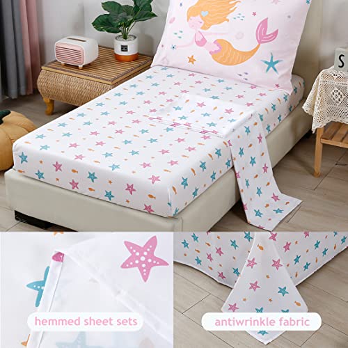 Image of PERFEMET Toddler Bedding Sets Girls 4 Pieces Pink Mermaid Toddler Bed in A Bag Soft Reversible Blush Toddler Bed Set Include Comforter, Flat Sheet, Fitted Sheet, Pillowcase