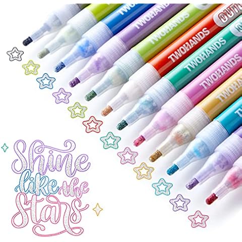 TWOHANDS Outline Markers,Glitter Pens,Metallic Markers,Fun Pens,12 Assorted Colors,Great for drawing lines on Paper,Posters,Greeting and Gift Cards 19004 Cover