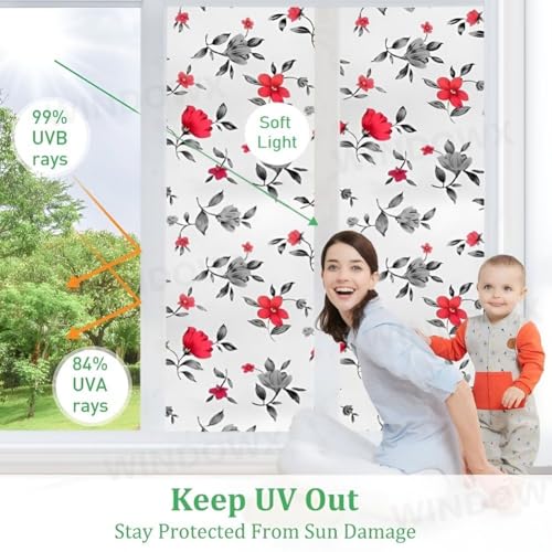 Image of Premium Vinyl Privacy Stained Window Glass Sticker (16x48 Inch) - Self-Adhesive Decorative Sticker Opaque Tint Wallpaper for Glass Cover Window, Door, Office, Home.| Anti-UV. Red Black Flowers