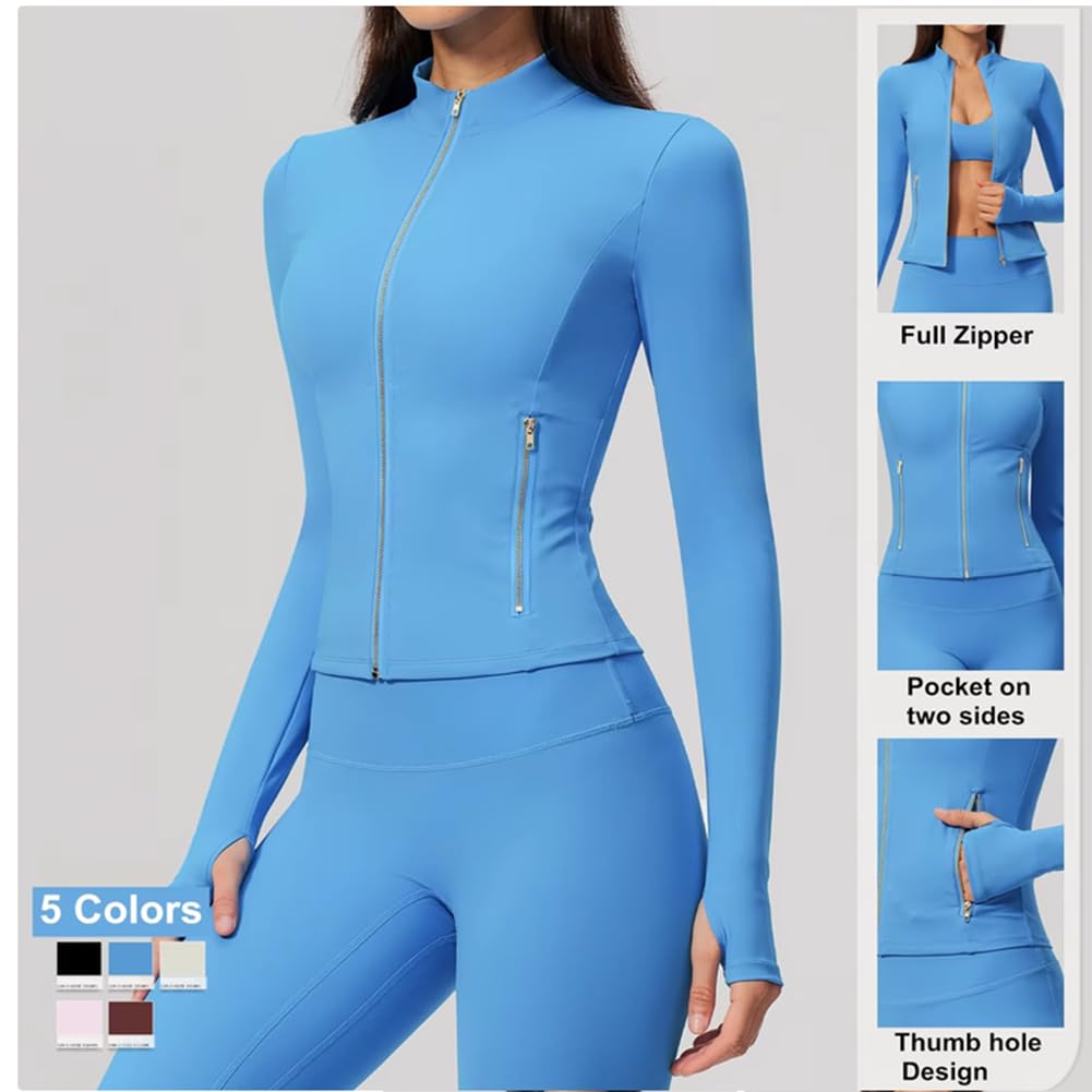 Giacca allenamento con fori per pollici e leggings a vita alta | 1.Giacca con zip e collo alto con fori per pollici contro il vento. I leggings a vita alta modellano addome