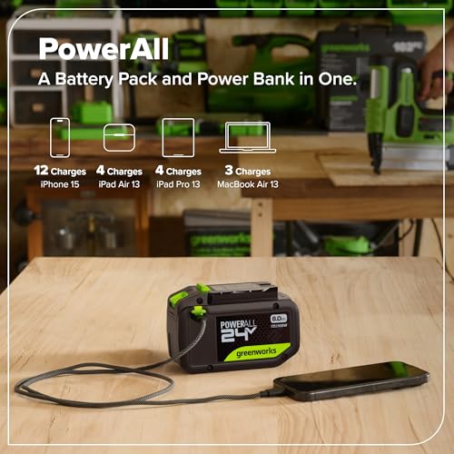 Image of Greenworks 24V 8.0Ah PowerAll Lithium-Ion High-Power Battery (Genuine Battery / 150+ Compatible Tools) with 100-Watt Bi-Directional USB-C Charger for iPhone 16, iPad, Galaxy, Pixel and More