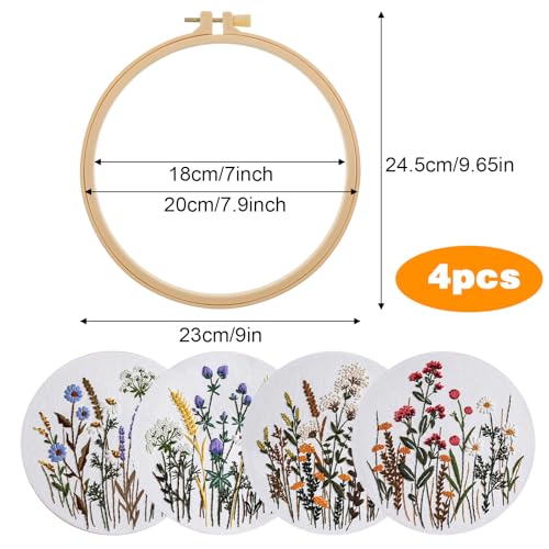 Image of Yuanan 4Pcs Pre-Printed Cross Stitch Kits, Complete Embroidery Kit for Beginners, Floral Embroidery Patterns for Beginners