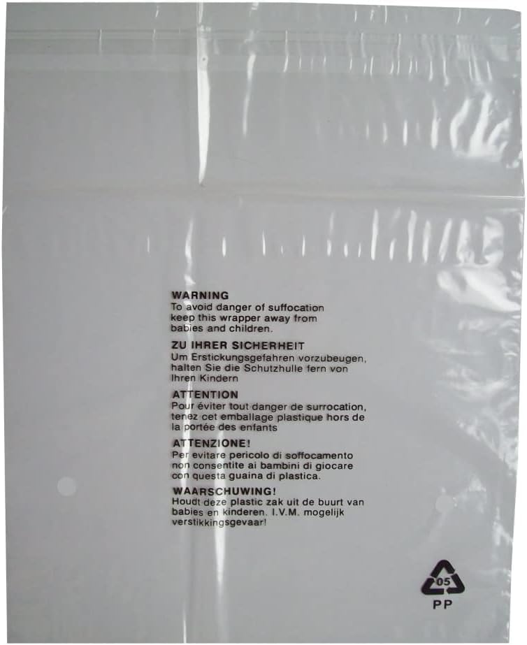 100 x Self Seal Crystal Clear Poly Bags With Suffocation Warning in 5 Languages Great For FBA Stock Poly Bagging (12 x 15 Inches (305mm x 381mm))