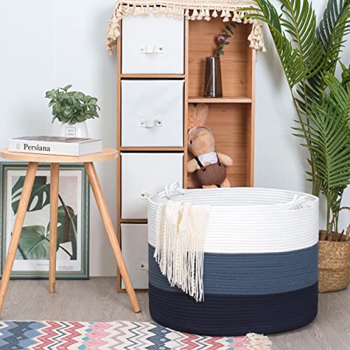 Mintwood Design Xxxxlarge 22 X 16 Inches Decorative Cotton Rope Basket, Blanket Basket Living Room, Laundry Basket, Toy Storage Baskets Bin, Round Woven Basket For Pillows, Towels, 3-Tone Blue #TOP6