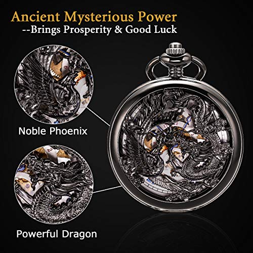 Image of SIBOSUN Mechanical Pocket Watches Mens Lucky Phoenix and Dragon Skeleton Pocket Watch Black Antique Roman Numerals Box