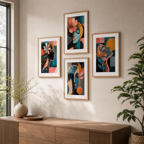 Image of Livin'luxe Set of 4 Abstract Face Floral Wall Paintings with Sparkle Laminate and Premium Wooden Synthetic Frame for Living Room Bedroom Office Decor (13.5 x 19.5 Inch)