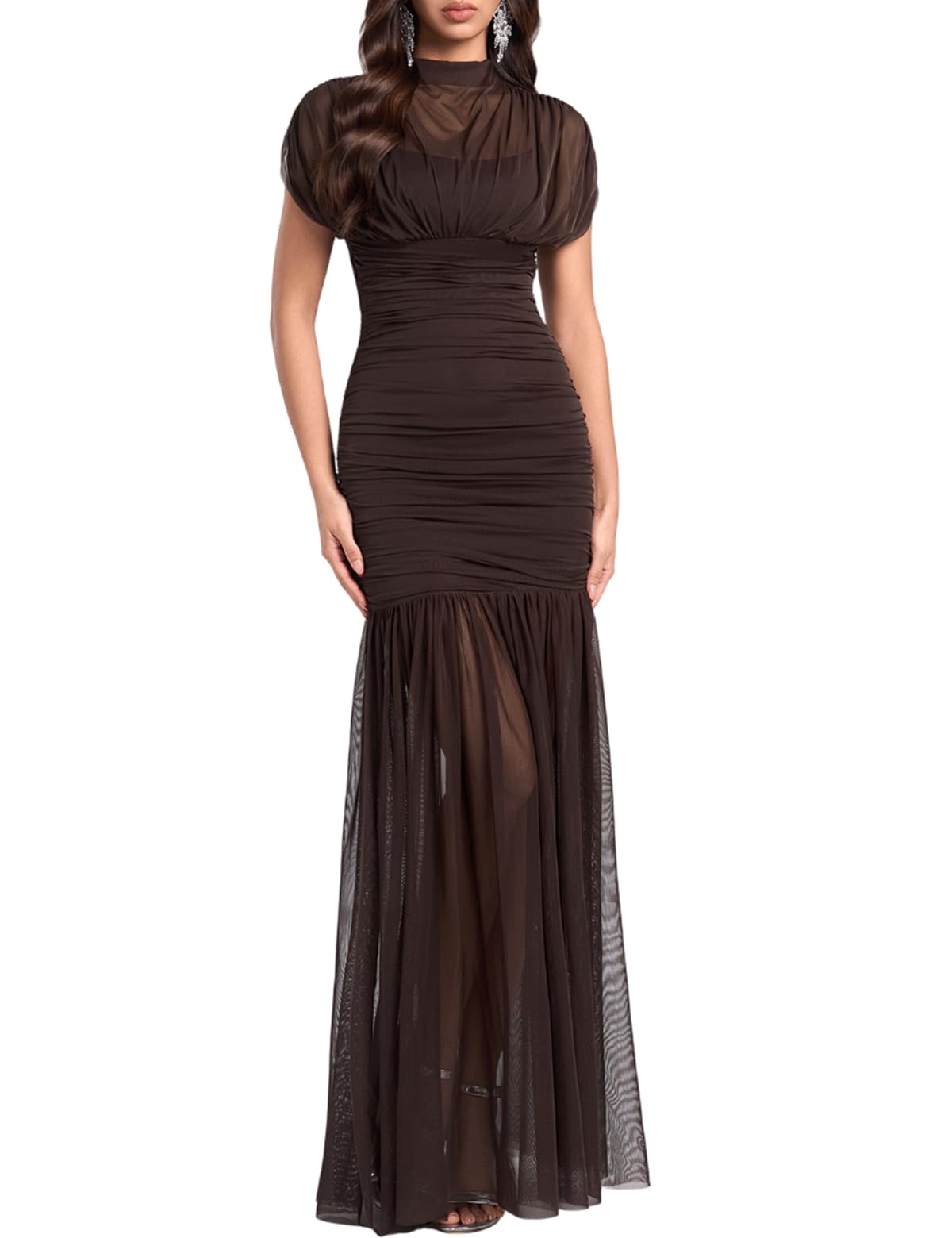 Photo 1 of DOUMIFLY Women's Elegant Formal Long Dress Sleeveless Ruched Bodycon Evening Dress Coffee