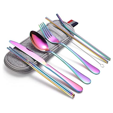 Outdoor Reisebesteck,8 Stück Campingbesteck Set Edelstahl wiederverwendbar Tragbare Utensilien Cover