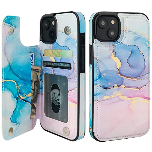 Image of HAOPINSH for iPhone 13 Case Wallet with Card Holder, Pink Blue Marble Pattern Back Flip Folio PU Leather Kickstand Card Slots Case for Women Girls, Double Magnetic Clasp Shockproof Cover 6.1 inch