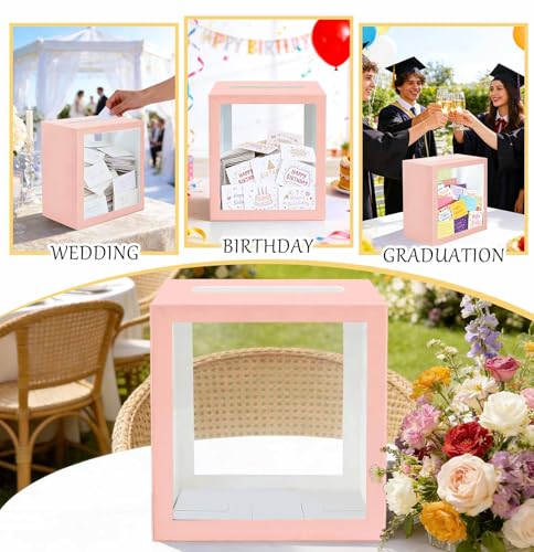 Image of SietDESEO Pink Card Box for Party with Clear Window Large Gift Card Box Holder for Wedding Reception Birthday Graduation Baby Shower Raffle Ticket Box