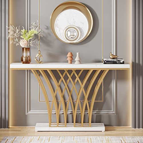 Tribesigns 59 inch Gold Console Table, Modern Entryway Table with Grid-Shaped Metal Base for Entrance, Hallway, Entryway, Living Room(White Faux Marble & Gold) - Image 5