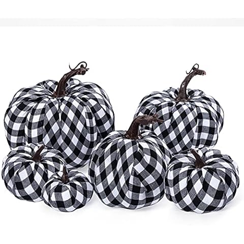 6Pcs Assorted Sizes Artificial Pumpkins Decoration Harvest Fall Black and White Grid Pumpkins Fake Foam Pumpkins for Fall Autumn Decor Thanksgiving Halloween Decorations Cover