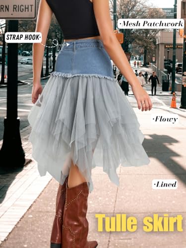 Kaei&Shi Denim Patchwork Skirt,Low Rise Jean Tulle Skirts for Women,2000S Goth Club Rave Outfit3