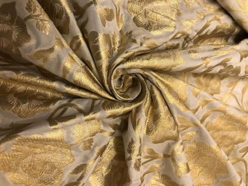 Tissu brocart en soie blanc ivoire et rose doré 111cm BRO1137
