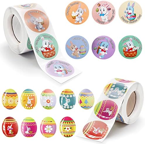 1000pcs Easter Stickers, Happy Easter Egg Bunny Roll Sticker, 6 Design Rabbit Stickers and 9 Design Eggs Stickers for Envelope Party Kids Games Bag Supplies Gift Decorations