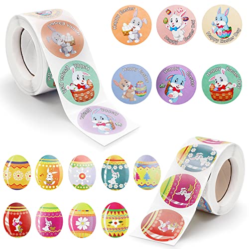 1000pcs Easter Stickers, Happy Easter Egg Bunny Roll Sticker, 6 Design Rabbit Stickers and 9 Design Eggs Stickers for Envelope Party Kids Games Bag Supplies Gift Decorations