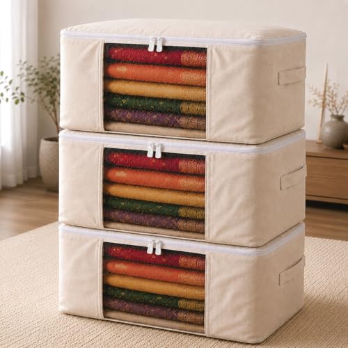 Image of Homestrap Cotton Clothes Storage Covers Pack of 3 | Breathable 100% Cotton Storage Bags with Mesh Window | Reusable & Dust-Proof Wardrobe Organizer for Sarees, Lehengas, Suits, Kurtis & Ethnic Wear