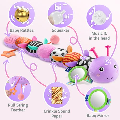 Image of Sumobaby Baby Toys 0-6 6-12 Months, Music Caterpillar Plush Toy with Baby Mirror, Pull String&Crinkle Rattle,Infant Teething Toys,Tummy Time for 0-3-6-12 Month Boys Girls Newborn Gifts (Purple-Leaf)