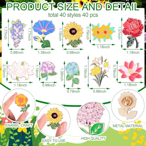 giegxin 40 pcs flower enamel pins for backpacks floral lapel pins bulk cute wildflower rose spring sunflower tulip lily hydrangeas brooch for women girl hat clothes bags accessories gifts