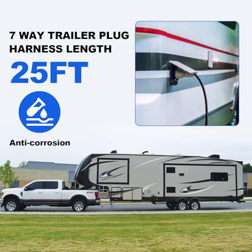 Image of 25 Ft 7 Pin Trailer Plug 10-14AWG 7 Way Trailer Plug Brass 7 Pin Trailer Wiring Harness Heavy Duty 7 Wire Trailer Wiring Harness Kit With Dust Cover 7 Way Trailer Wire for Rv Trailer Camper