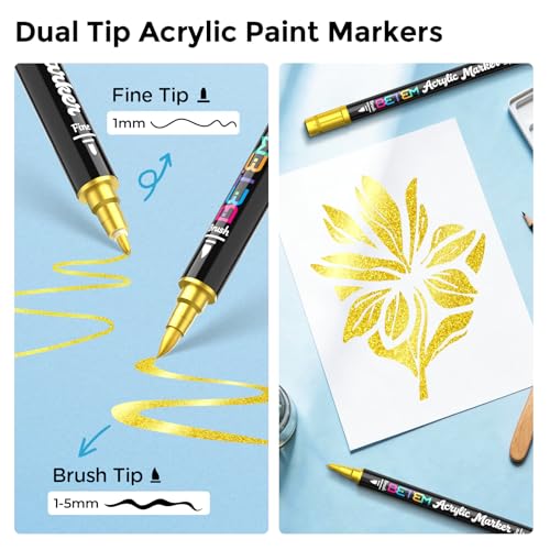 Image of Betem 2 Gold Metallic Paint Markers for Glass, Dual Tip Acrylic Paint Pen
