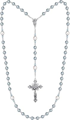 Luxury Child Keepsake Silver Rosary with Blue Simulated Pearls (RNBPP)
