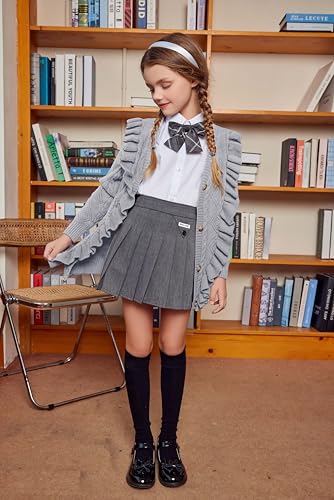 Image of Arshiner Girls Cardigan Sweaters Ruffle School Uniform Sweater V Neck Button Front Outerwear 4-13 Years