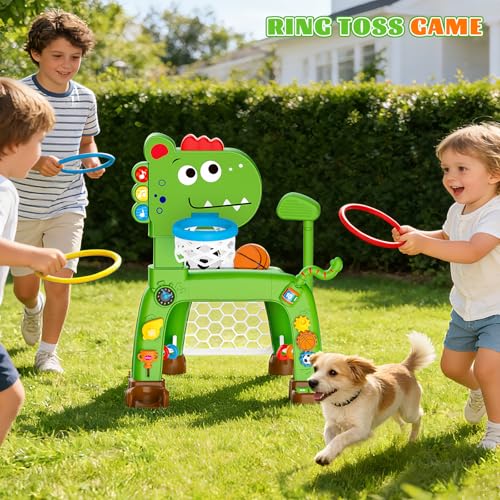 4-in-1 Basketballkorb und Fußballtor Spielzeug für Kleinkinder, Babyspielzeug mit Golfspiel und Ringwurfspiel, Dinosaurier-Spielzeug für 1 2 3 jährige Jungen und Mädchen mit Licht, Sound und Musik