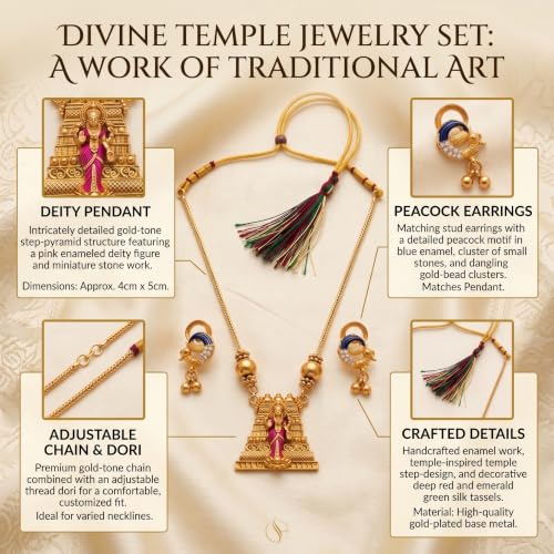 Image of Traditional Gold-Plated Lakshmi Temple Pendant Necklace Set for Women | Antique South Indian Jewelry with Jhumka Earrings | Ethnic Bridal, Wedding & Festive Jewelry Set