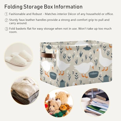 Image of Aslsiy Storage Basket Cute Goose Nursery Bins Doodle Flowers Baby Box Canvas Clothes Shelf Basket Laundry Hamper Gift Basket for Home Closet 2 Pcs
